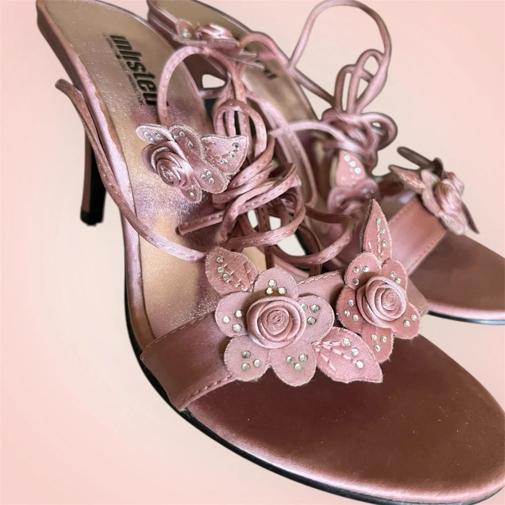 Unlisted Pink Rose Appliqué Strappy Heels - Picture 2 of 11
